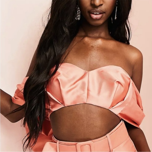 ASOS  Luxe top coral color satin oversized bow crop - Picture 2 of 7
